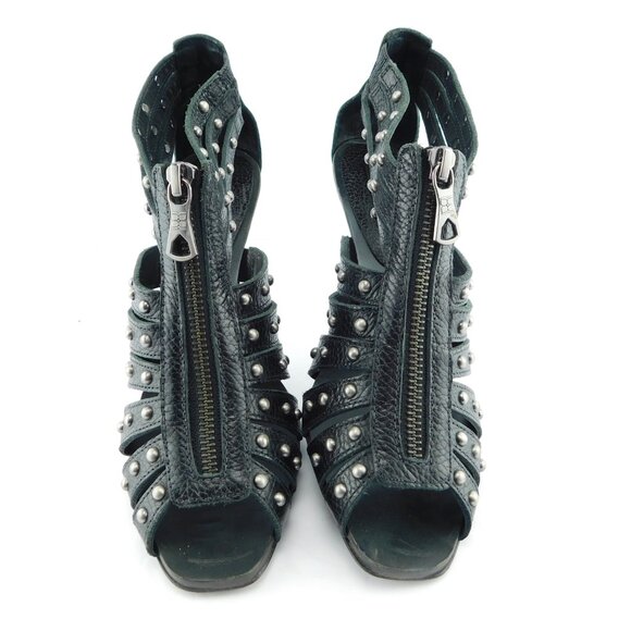 BCBG Maxazria Black Studded Leather Zipper Front Caged Open Toe Sandal Heels 6.5 - Picture 2 of 8